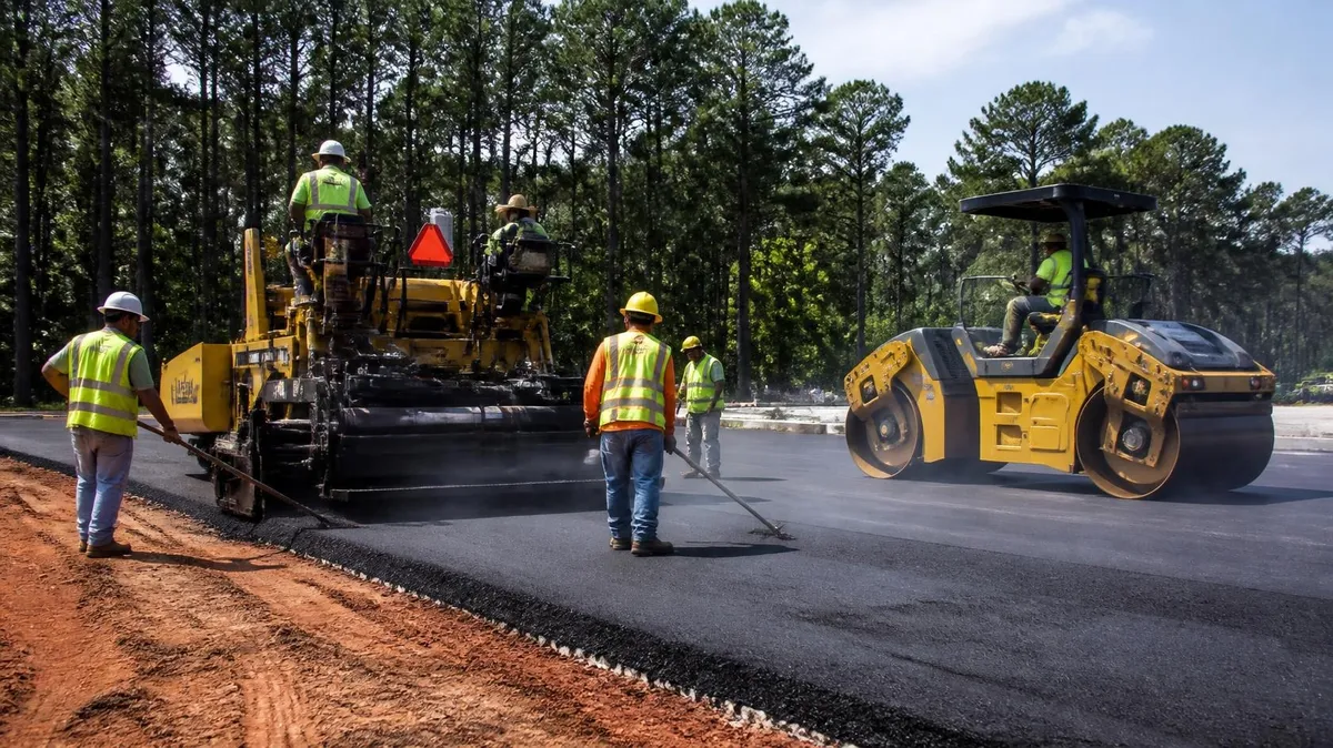An asphalt paving crew in hi-vis vests laying a new commercial lot with a tracked paver and a double-drum roller, red Georgia clay along the edge and tall pines behind