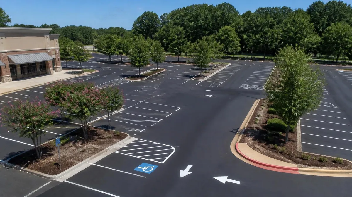 A freshly restriped shopping center parking lot with white stall lines, directional arrows, an accessible parking stall and crepe myrtle islands